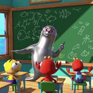 Ein Seehund, der an der Tafel steht.