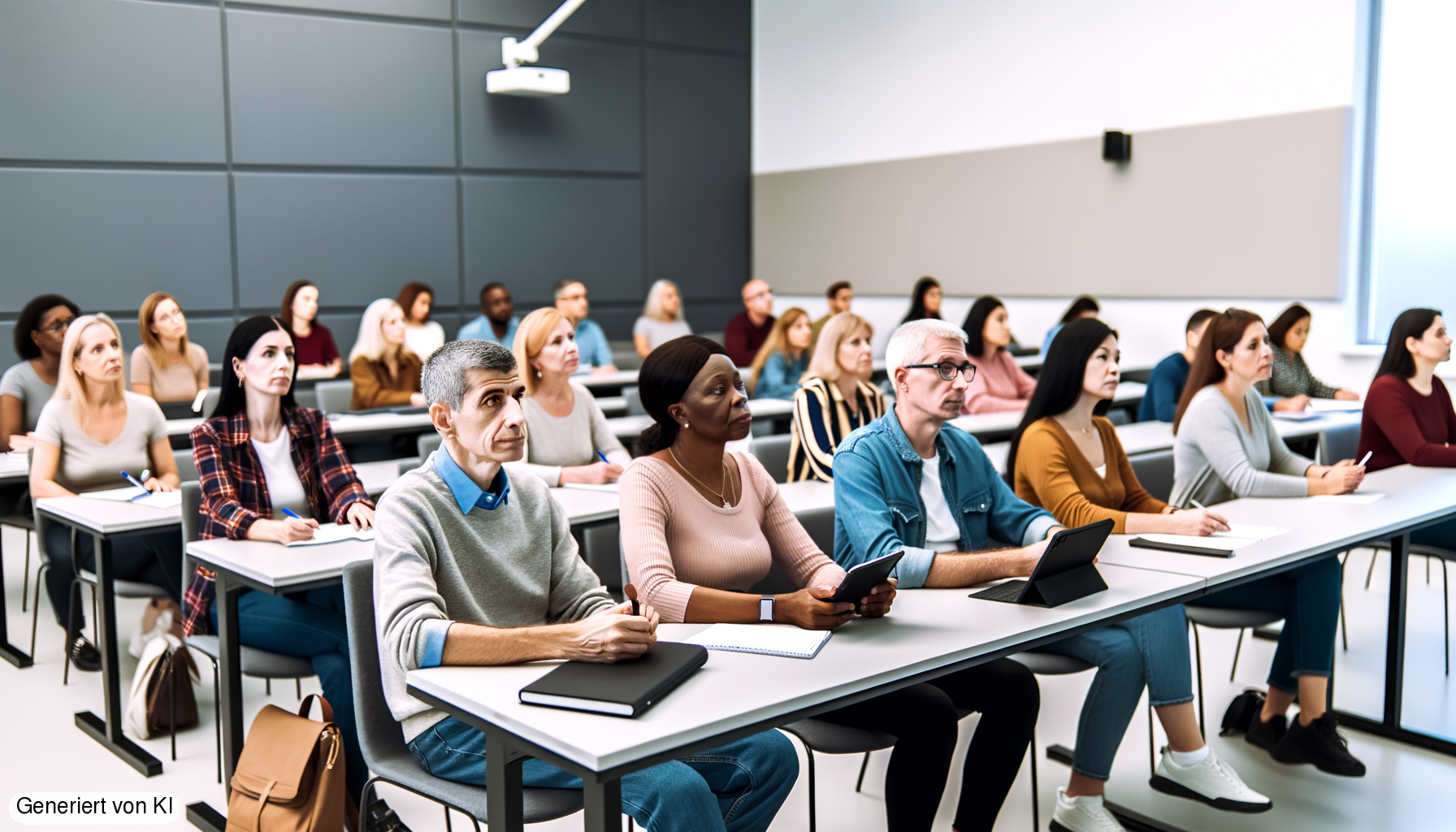 Ein Gruppen Lernender Menschen erwachsen, die in einem modernen Seminarraum sitzen und einen Vortrag hö... - Generiert von KI